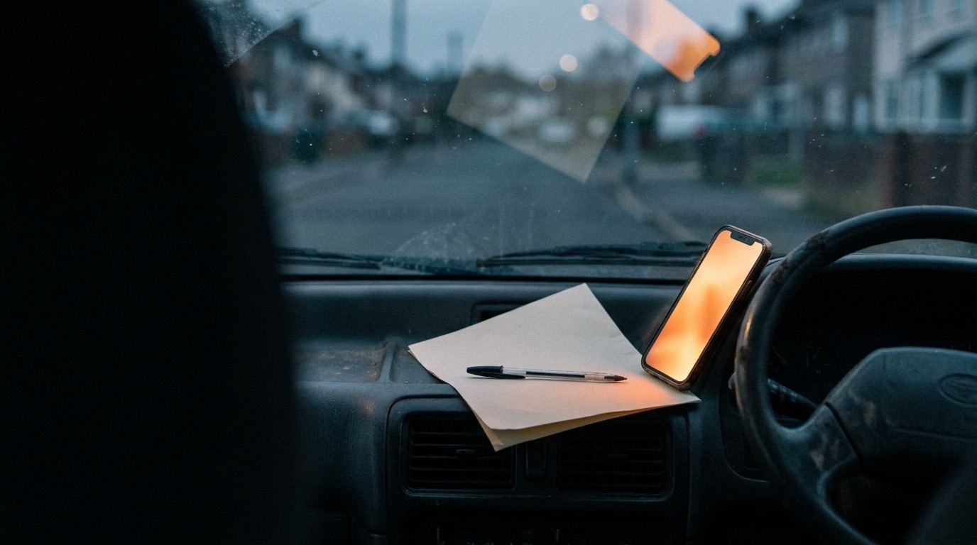 A phone propped against the steering wheel of a parked work truck at dusk, its screen glowing warm orange and lighting the cab, a blank folded checklist and a pen resting on the dashboard while the street outside falls into blue shadow.
