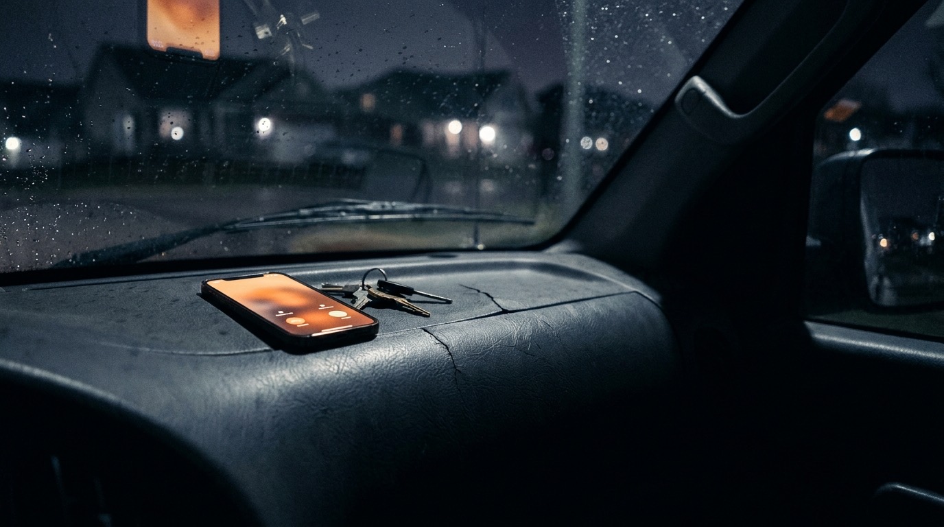 A smartphone lit with an incoming call lying unanswered on the dashboard of a work van at night, keys beside it, a dark suburban street out of focus beyond the rain-flecked windshield.