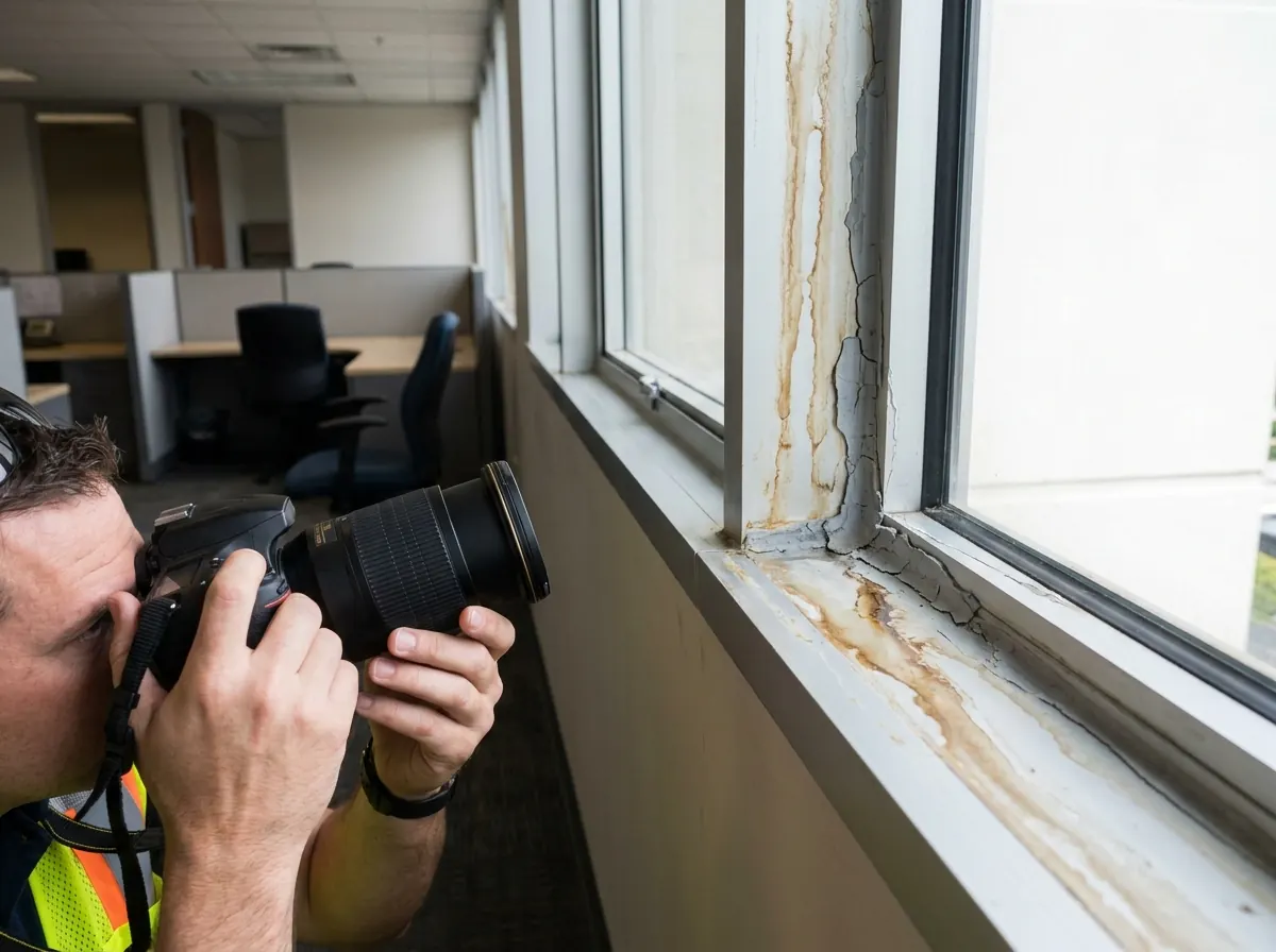 Consultant documenting water staining at a window