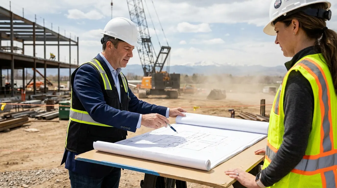 Ironline consultant reviewing drawings on a construction site