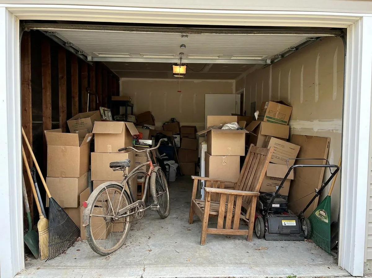 Cluttered garage before the cleanout