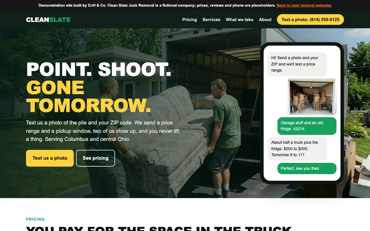 Screenshot of the Junk Removal example site