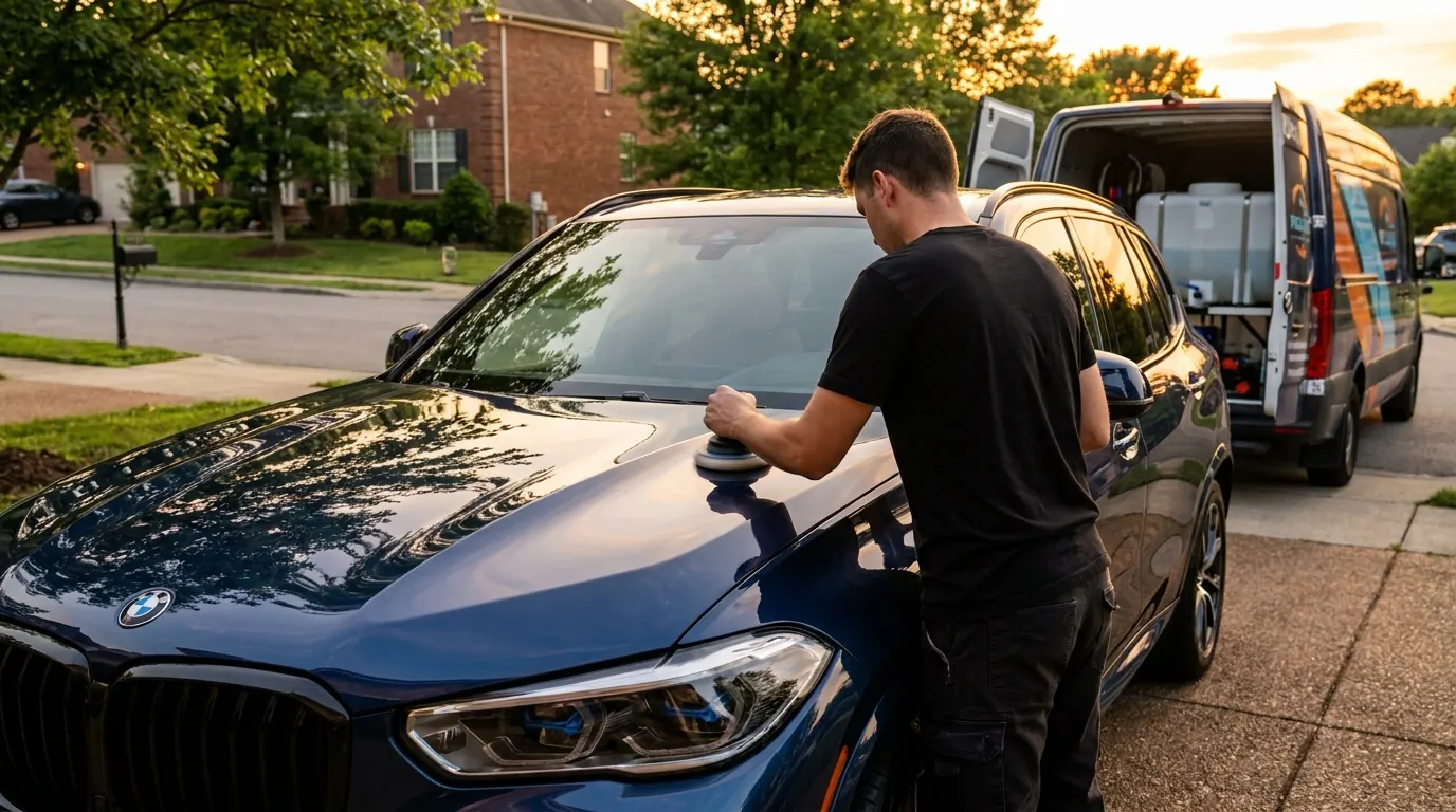 Mirror Finish detailer polishing an SUV in a driveway