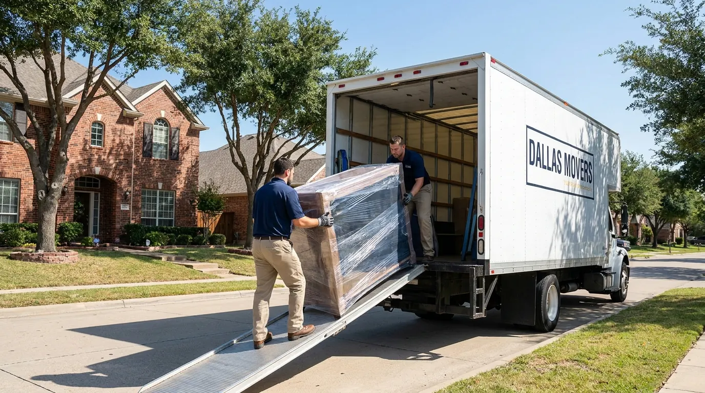 Two Bridges movers carrying a wrapped dresser