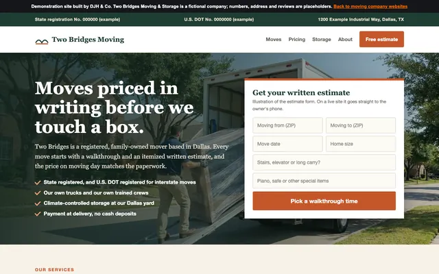 Screenshot of the Moving Companies example site