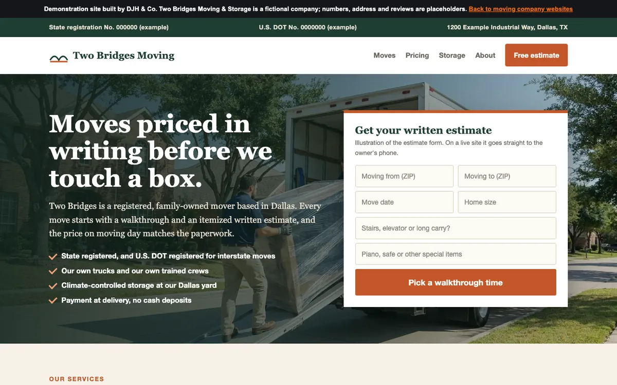 Screenshot of the Moving Companies example site