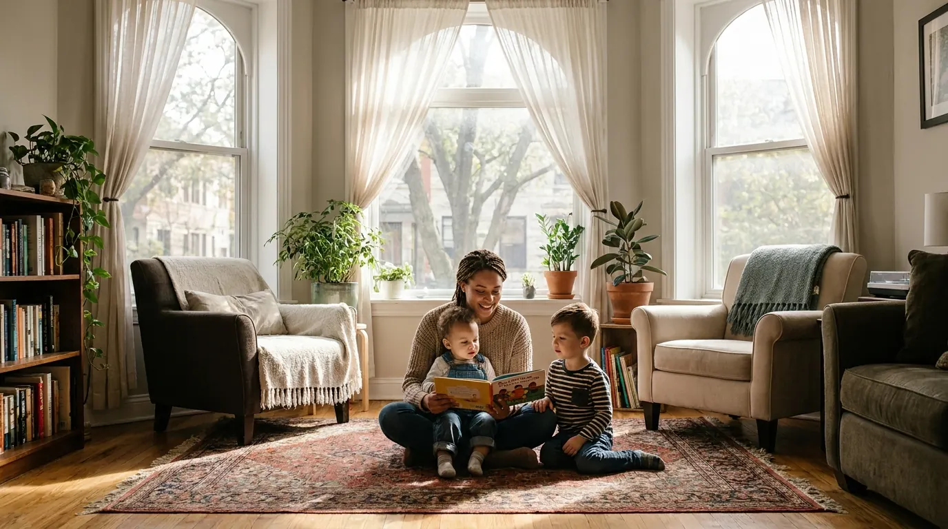 A Little Harbor nanny reading to two children