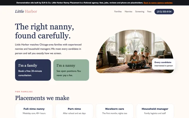 Screenshot of the Nanny Agencies example site
