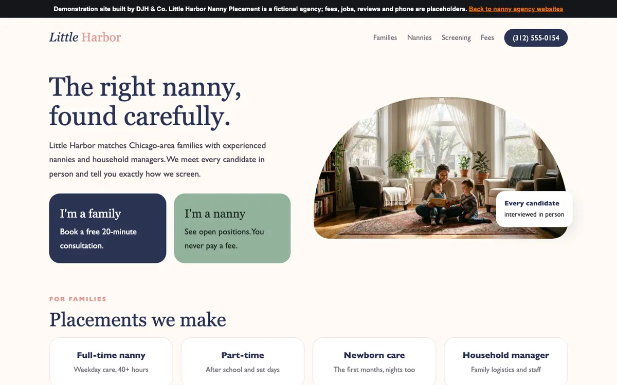 Screenshot of the Nanny Agencies example site
