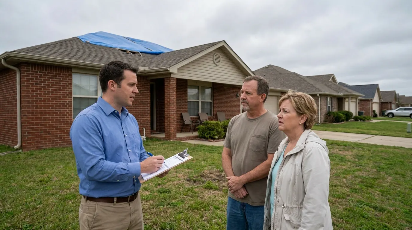 A Seawall adjuster meeting homeowners outside their storm-damaged home