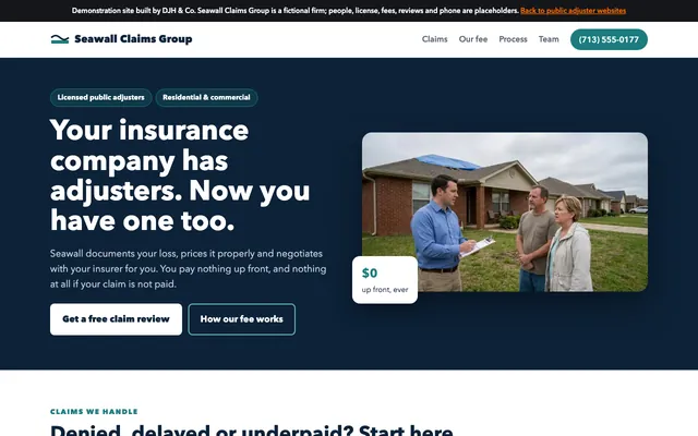 Screenshot of the Public Adjusters example site