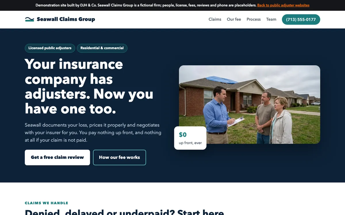 Screenshot of the Public Adjusters example site