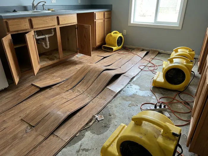 Water-damaged kitchen with drying fans