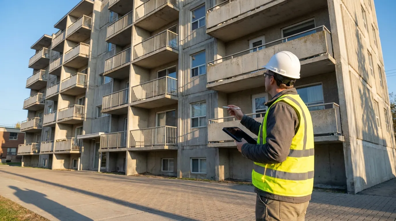 Meridian engineer inspecting condominium balconies