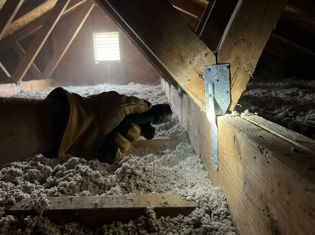 Roof-to-wall hurricane straps lit by a flashlight in an attic